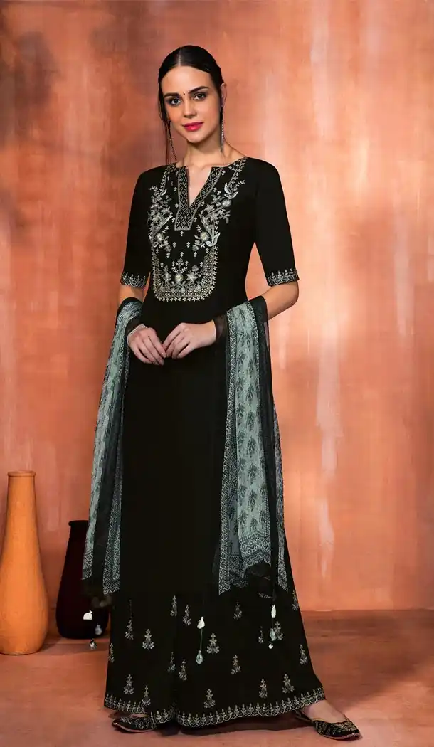 Pakistani Style Black Color Muslin Silk Palazzo Salwar Suits | 338140051