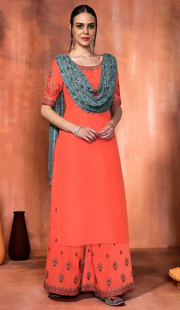 Pakistani Style Orange Color Muslin Silk Palazzo Salwar Suits | 338140052