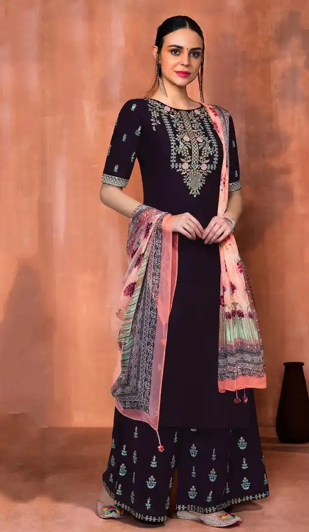 Pakistani Style Black Color Muslin Silk Palazzo Salwar Suits | 338140053