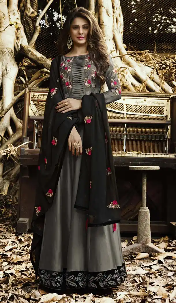 Pakistani Long Anarkali Style Grey Stain Silk Churidar Kameez | 340740372