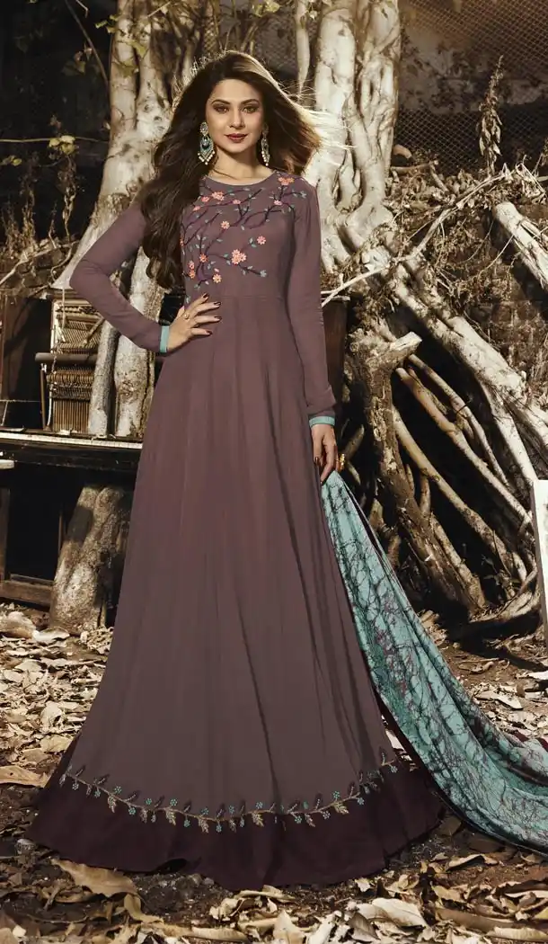 Pakistani Long Anarkali Style Wine Georgette Churidar Kameez | 340740373