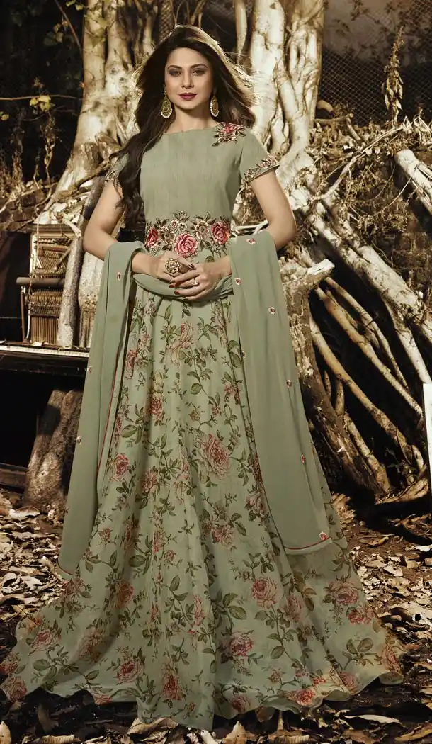 Pakistani Long Anarkali Style Pista Green Organza Churidar Kameez | 340740374
