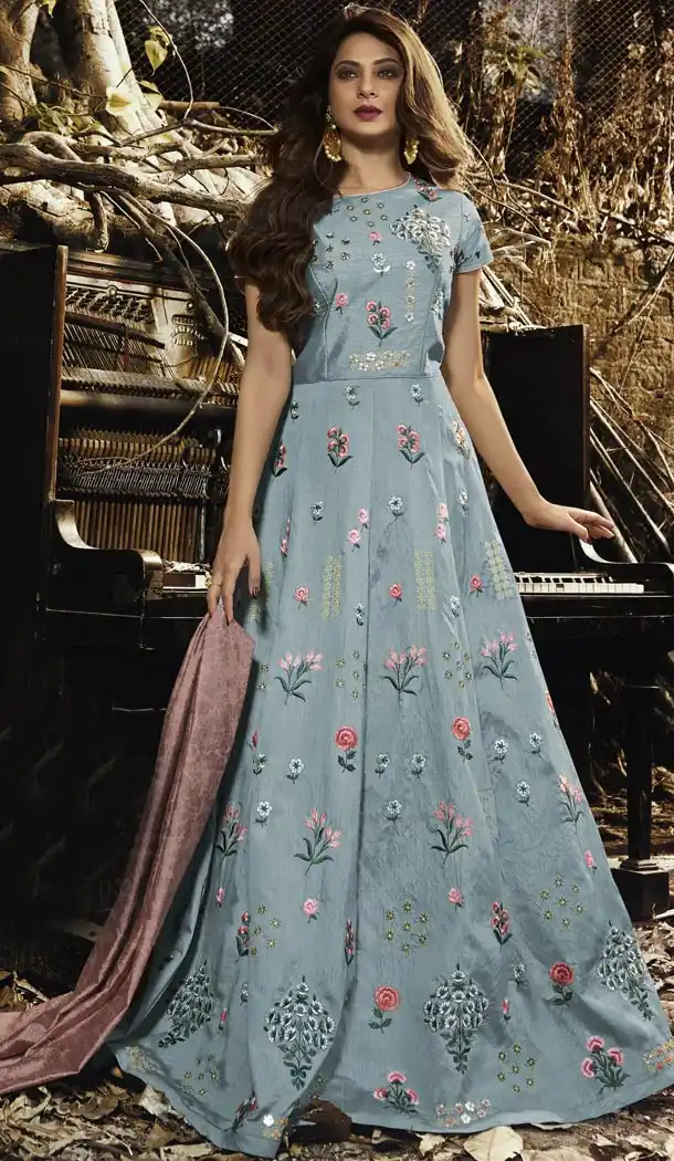 Pakistani Long Anarkali Style Sky Blue Silk Slub Churidar Kameez | 340740375