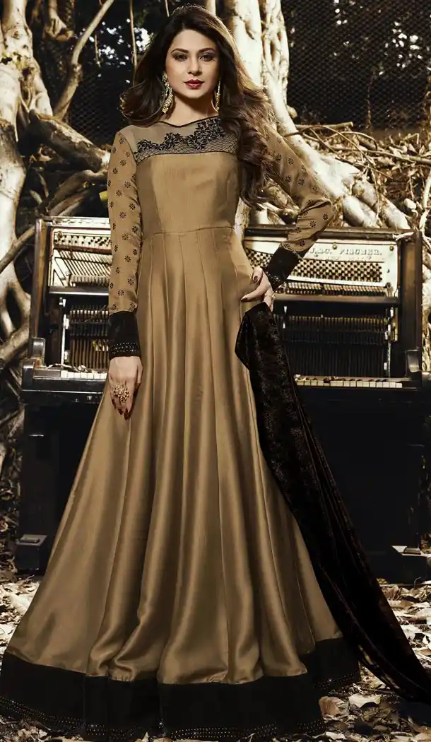 Pakistani Long Anarkali Style Gold Stain Silk Churidar Kameez | 340740376