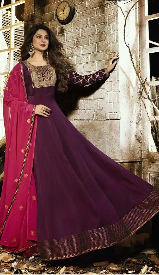 Pakistani Long Anarkali Style Purple Silky Georgette Churidar Kameez | 340740377