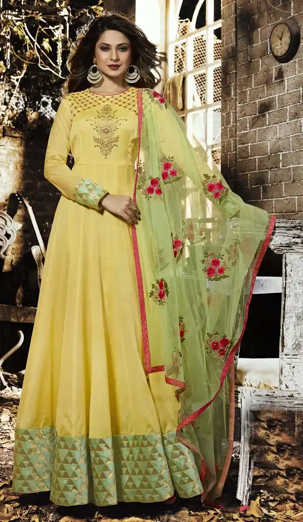 Pakistani Long Anarkali Style Yellow Pure Silk Churidar Kameez | 340740378