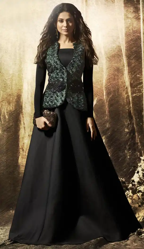 Pakistani Long Anarkali Style Black Pure Velvet Churidar Kameez | 340740379
