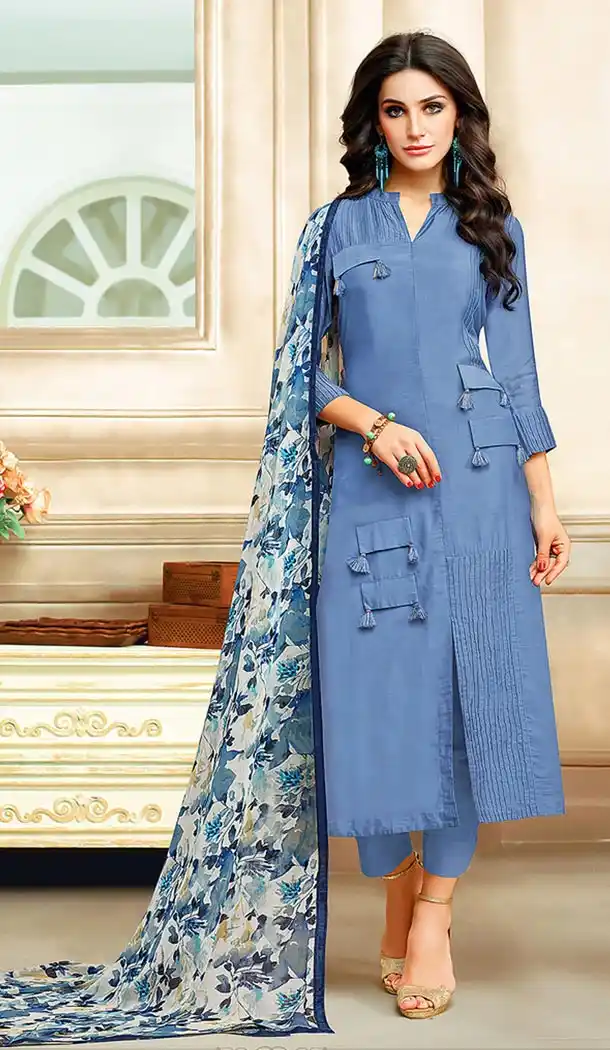 Blue Color Chanderi Straight Cut Casual Churidar Suit | 344140676