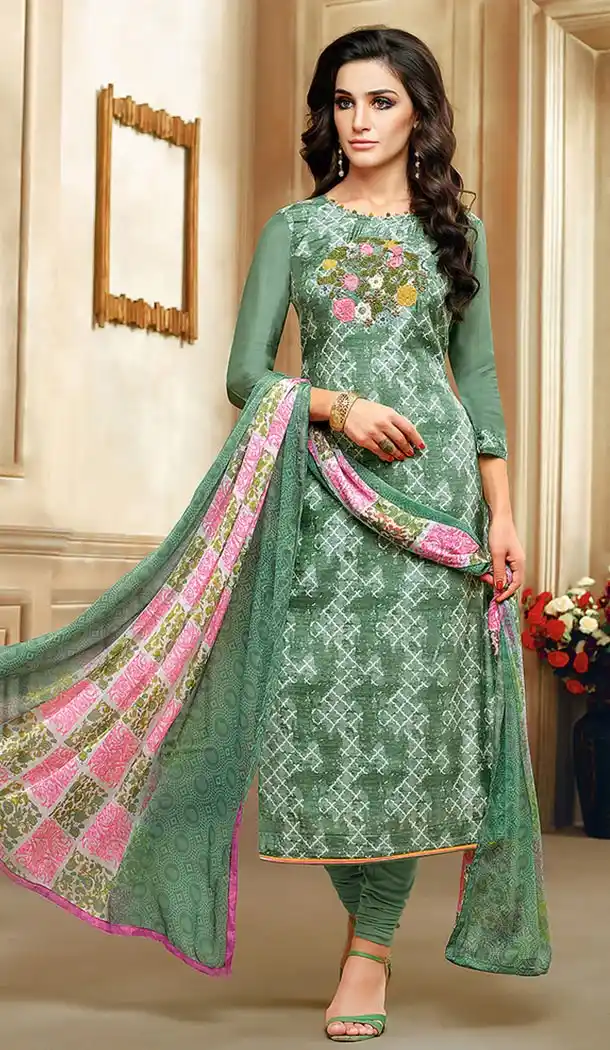 Green Color Chanderi Straight Cut Casual Churidar Suit | 344140678