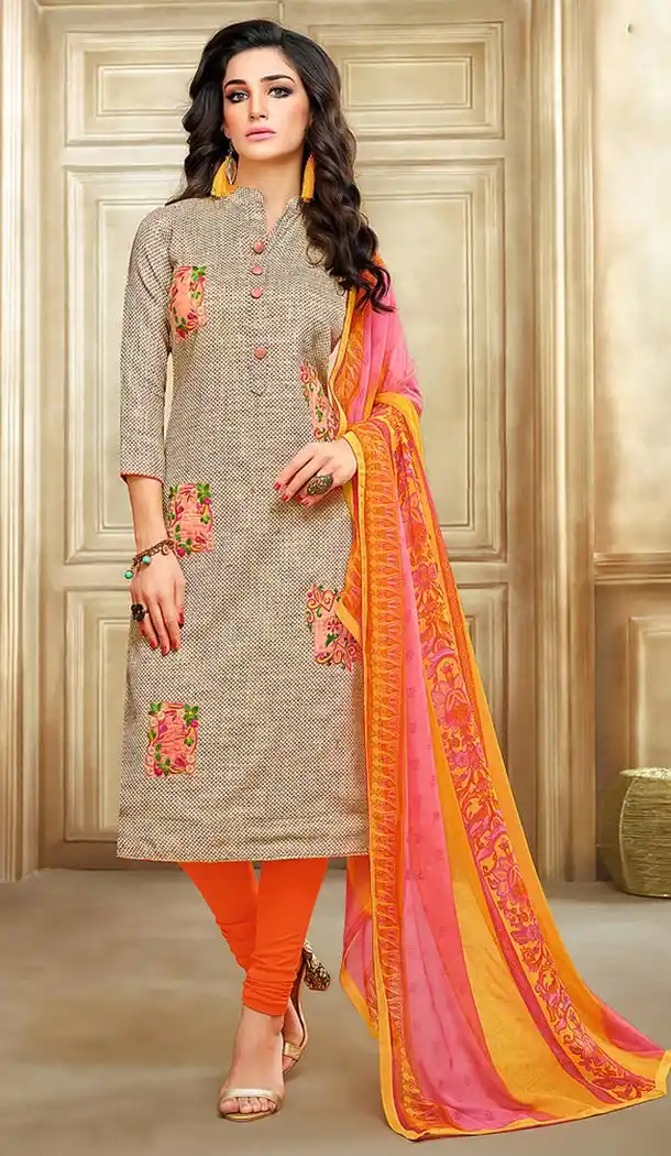 Grey Color Chanderi Straight Cut Casual Churidar Suit | 344140681