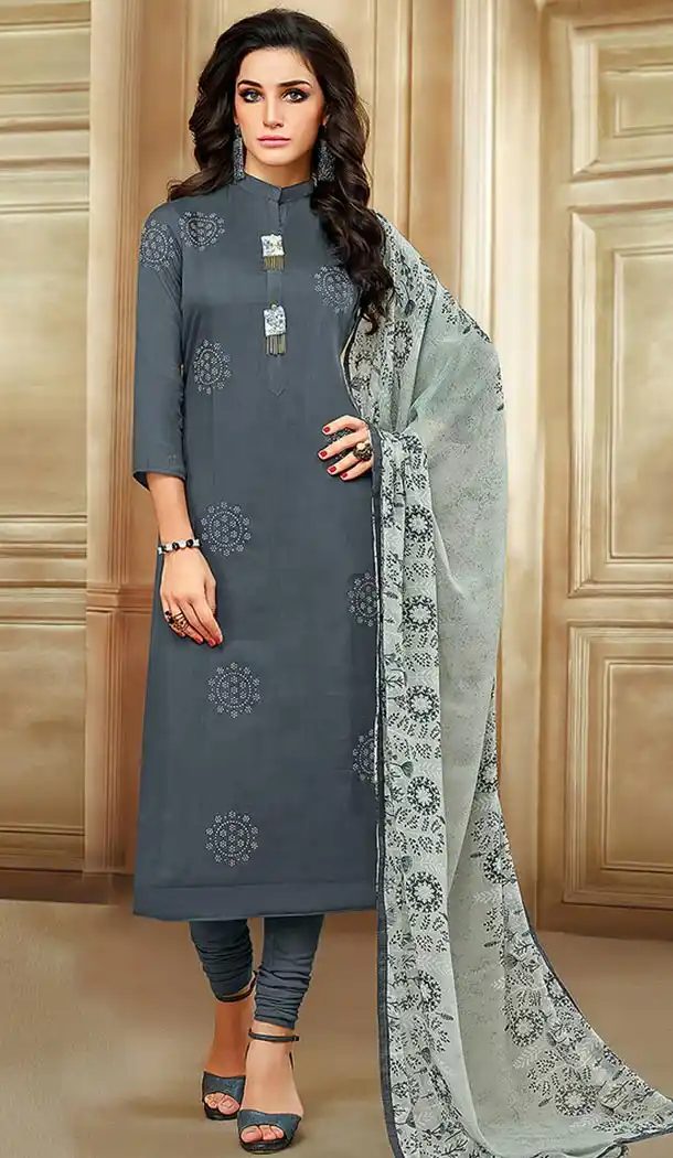 Dark Grey Color Chanderi Straight Cut Casual Churidar Suit | 344140682