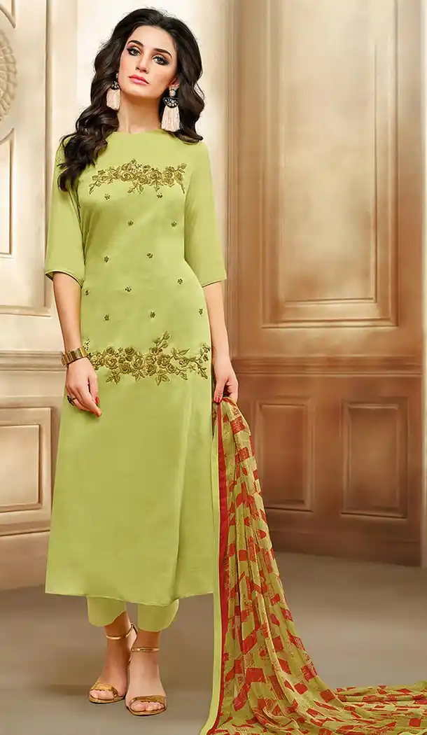 Green Color Chanderi Straight Cut Casual Churidar Suit | 344140686