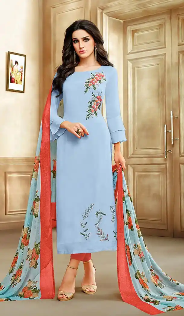 Light Blue Color Chanderi Straight Cut Casual Churidar Suit | 344140687