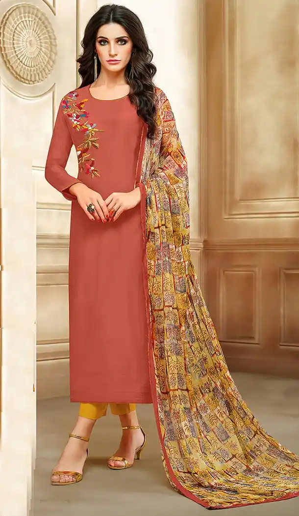 Brown Color Chanderi Straight Cut Casual Churidar Suit | 344140688