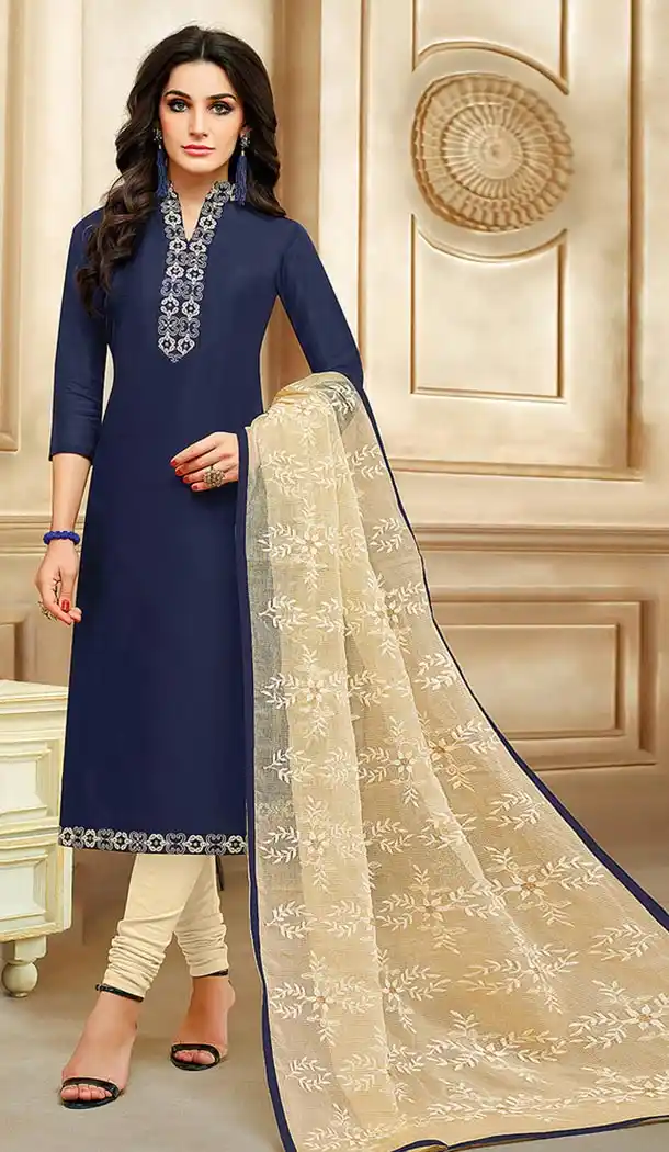 Blue Color Chanderi Straight Cut Casual Churidar Suit | 344140689