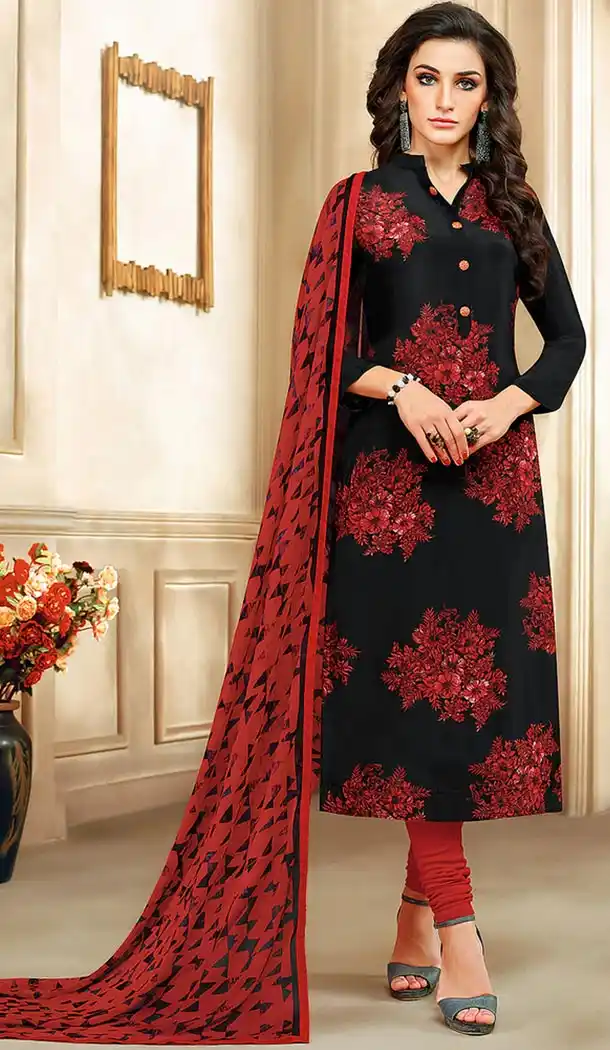 Black Color Chanderi Straight Cut Casual Churidar Suit | 344140691
