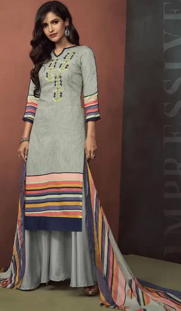 Heavy Cotton Grey Color Embroidered Palazzo Suit | 344240693