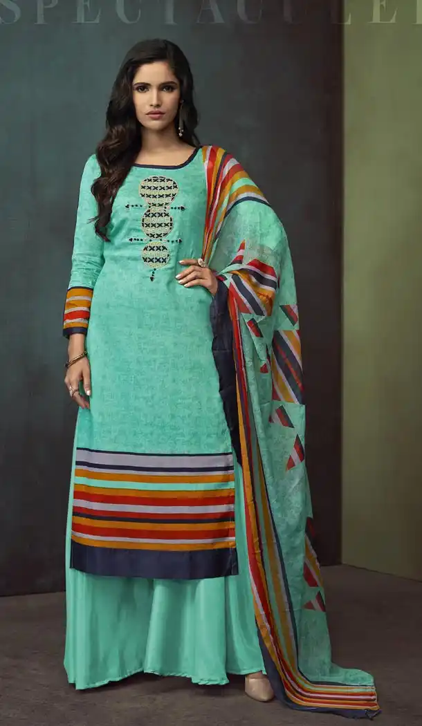 Heavy Cotton Aqua Blue Color Embroidered Palazzo Suit | 344240694
