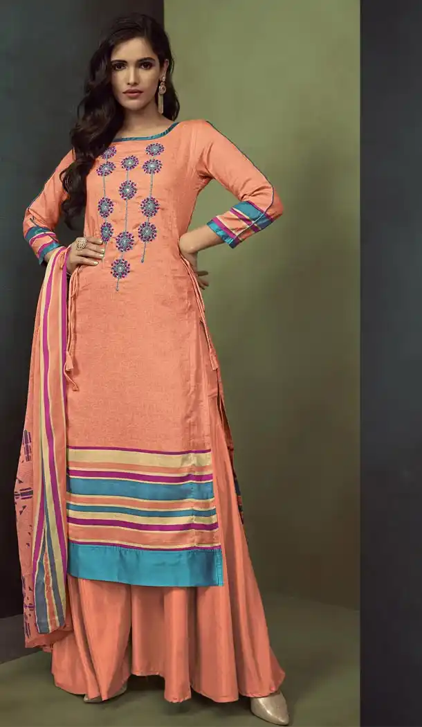 Heavy Cotton Orange Color Embroidered Palazzo Suit | 344240695