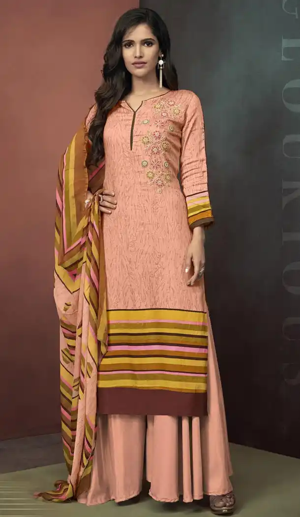 Heavy Cotton Peach Color Embroidered Palazzo Suit | 344240696