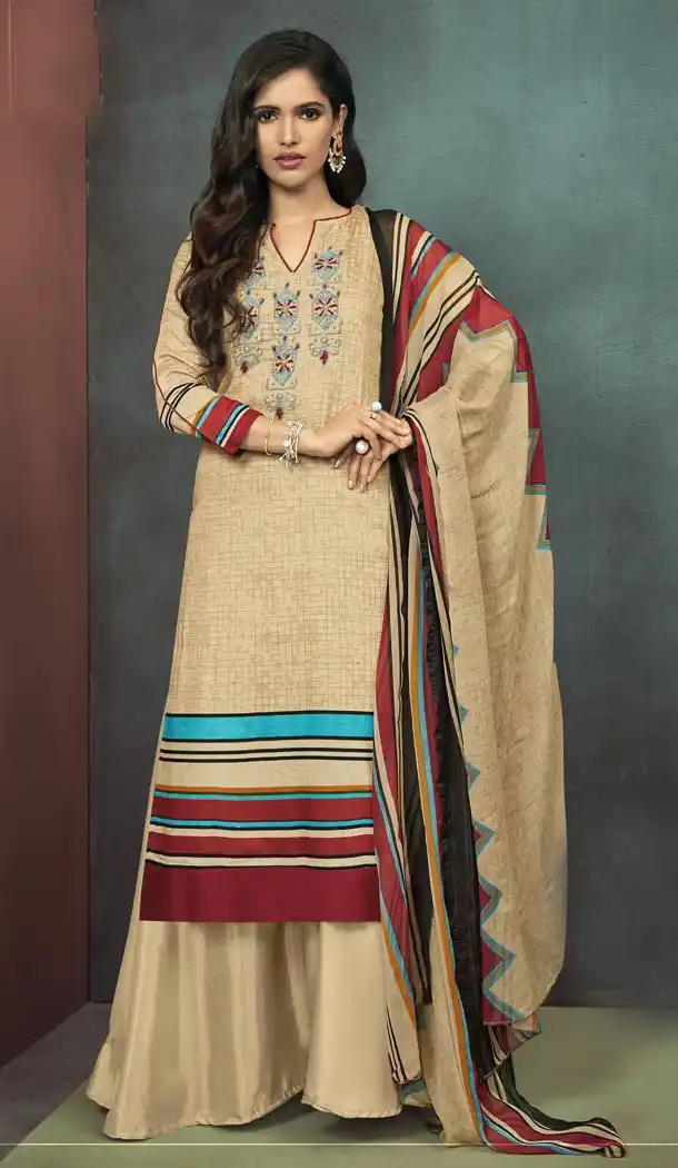 Heavy Cotton Cream Color Embroidered Palazzo Suit | 344240697
