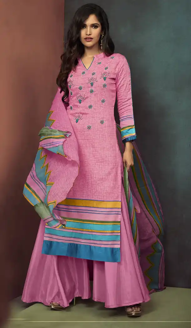 Heavy Cotton Pink Color Embroidered Palazzo Suit | 344240698