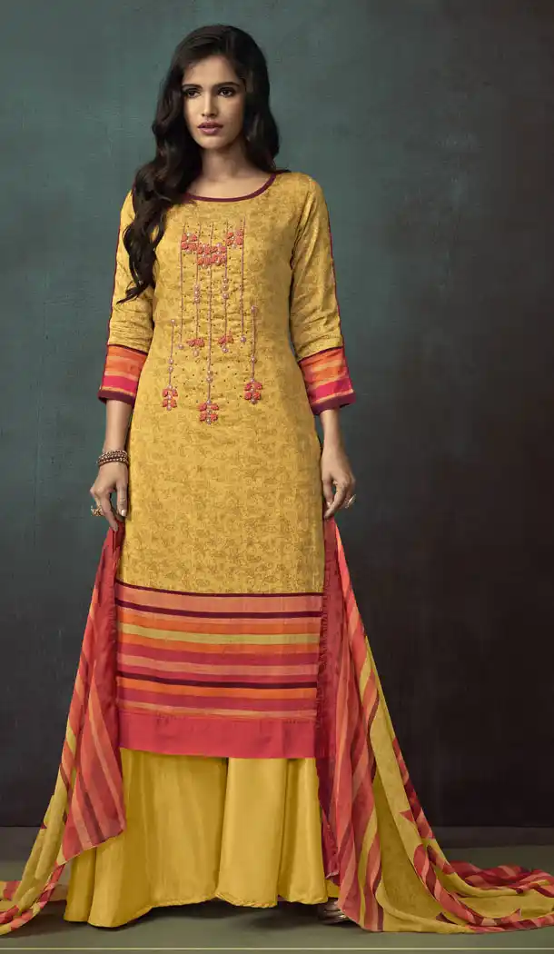 Heavy Cotton Yellow Color Embroidered Palazzo Suit | 344240698