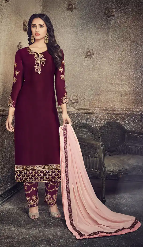 Maroon Color Georgette Silk Party Wer Straight Suit | 344340701