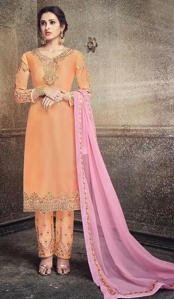 Light Orange Color Georgette Silk Party Wer Straight Suit | 344340704