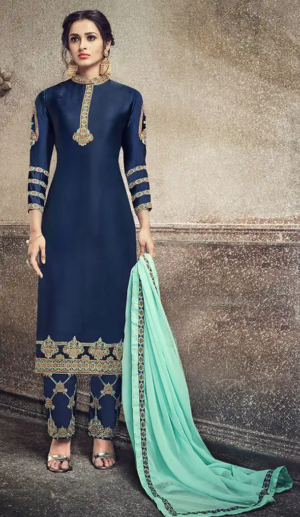 Dark Blue Color Georgette Silk Party Wer Straight Suit | 344340705