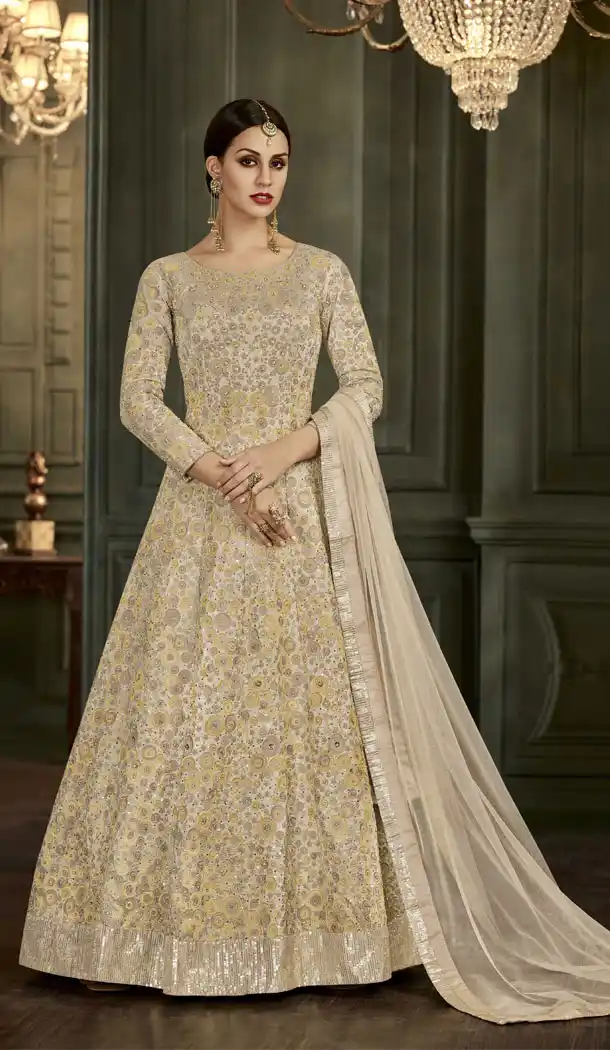 Abaya Style Cream Color MUlbary Silk Long Anarkali Suit | 344840755