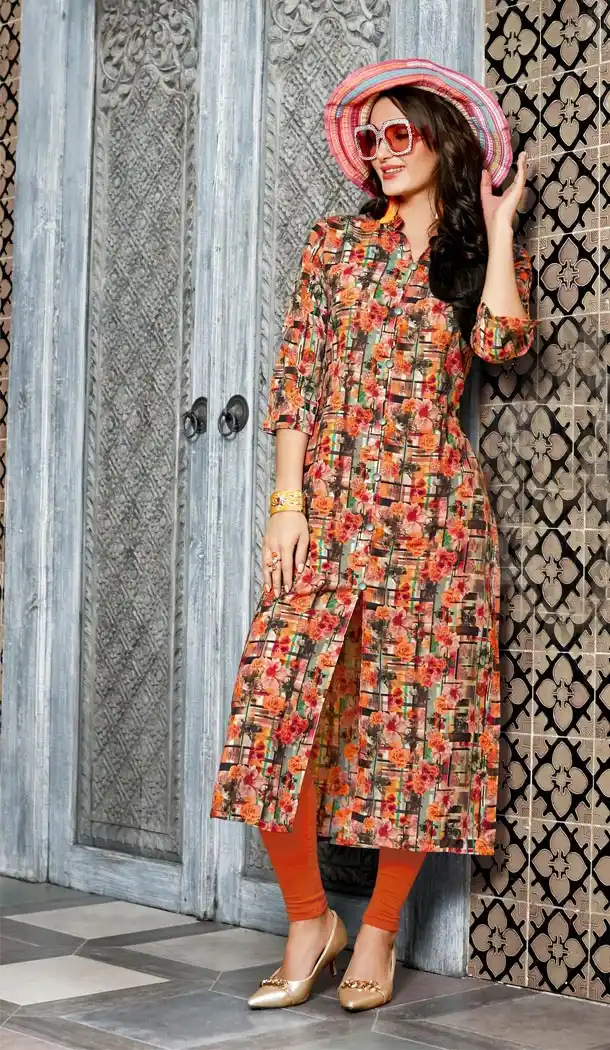 Fancy Orange Color Linen Exclusive Readymade Kurti | 333139432