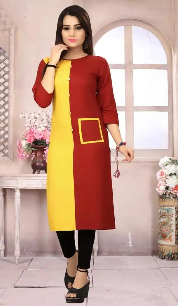 Alluring Heavy Rayon Yellow,Red Color Exclusive Readymade Kurti | 334839636