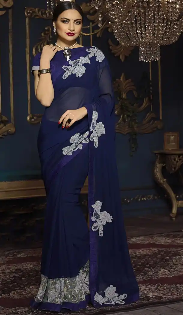 Glamorous Navy Blue Color Georgette Party Wear Saree Blouse | 335439684