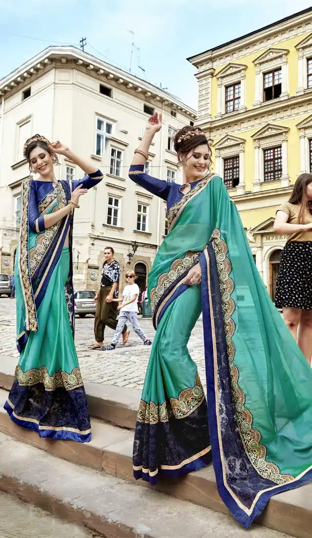 Traditional Green,Navy Blue Fancy Fabric Casual Wear Saree | 336439798