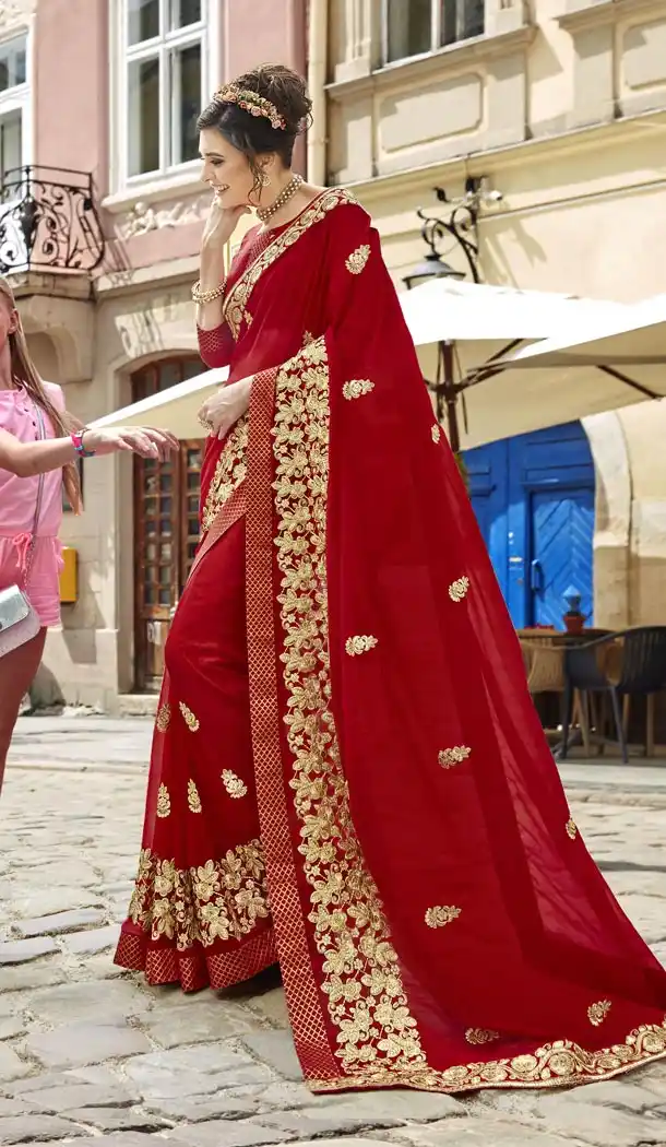 Red Color Fancy Fabric Casual Wear Saree | 336439802