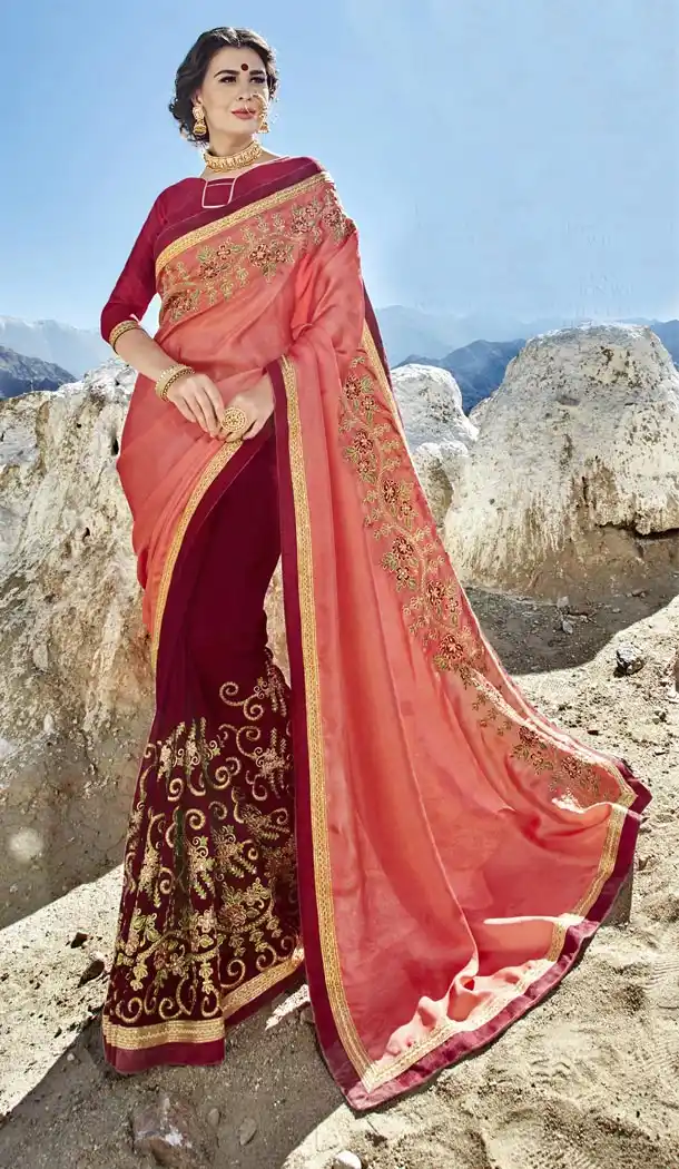 Pink Maroon Color Fancy Fabric Embroidery Casual Wear Saree | 336539808