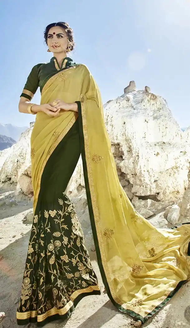 Yellow Mehendi Green Color Fancy Fabric Embroidery Casual Wear Saree | 336539809