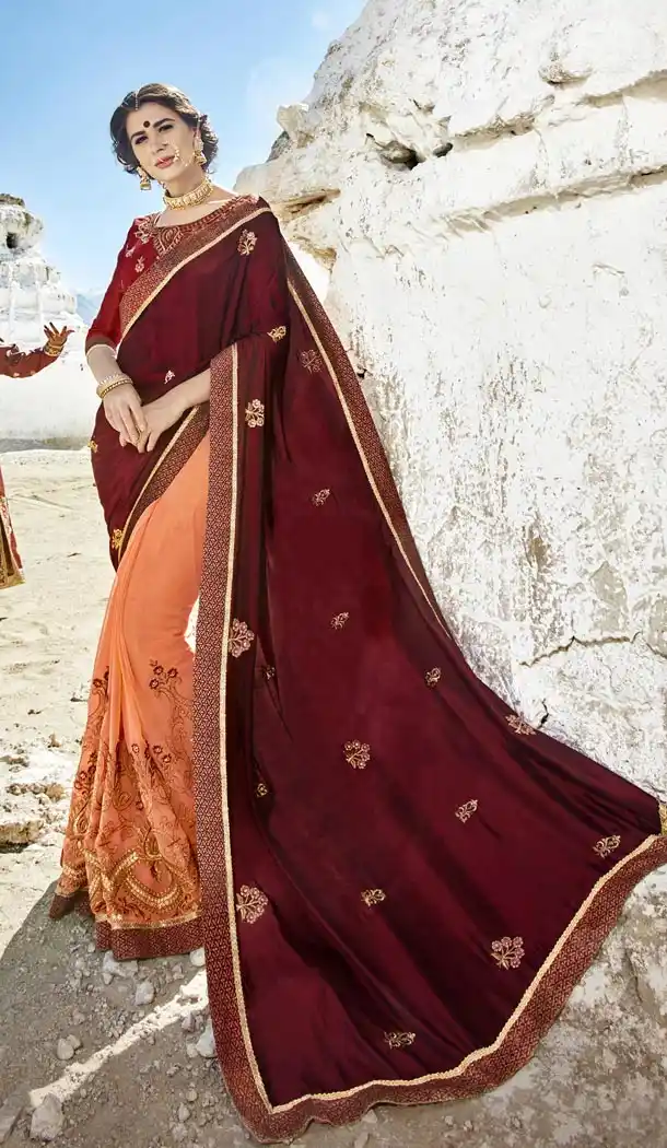 Maroon Orange Color Fancy Fabric Embroidery Casual Wear Saree | 336539810