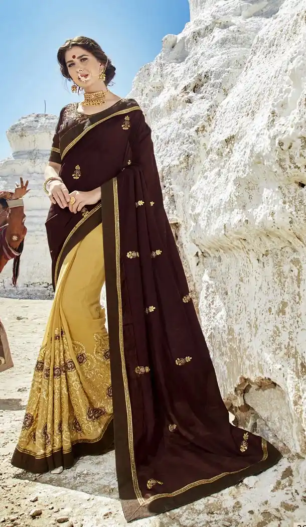 Wine Yellow Color Fancy Fabric Embroidery Casual Wear Saree | 336539811