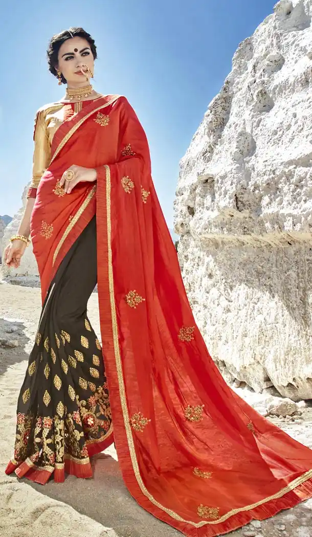 Orange Grey Color Fancy Fabric Embroidery Casual Wear Saree | 336539812