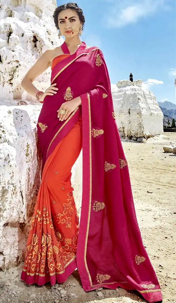 Magenta Orange Color Fancy Fabric Embroidery Casual Wear Saree | 336539814