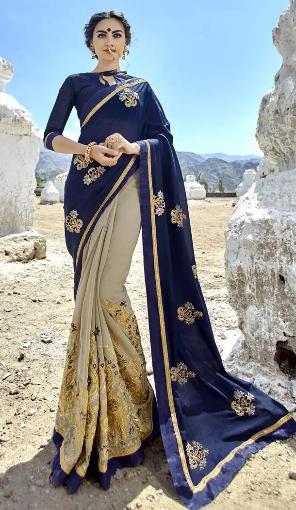 Navy Blue Color Fancy Fabric Embroidery Casual Wear Saree | 336539815
