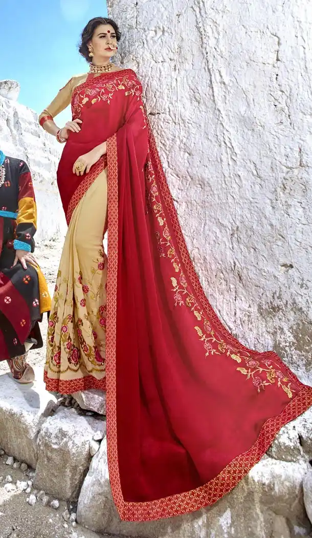 Red Cream Color Fancy Fabric Embroidery Casual Wear Saree | 336539816