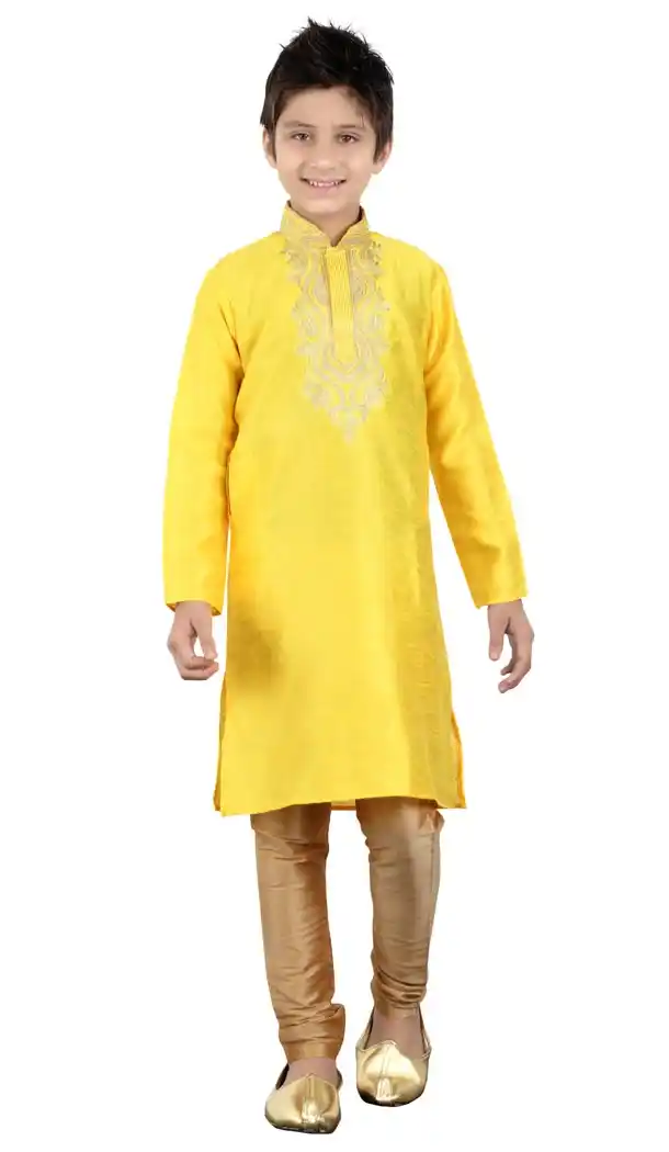 Scintillating Yellow Cotton Party Wear Boy Kurta Pajama | 330639072