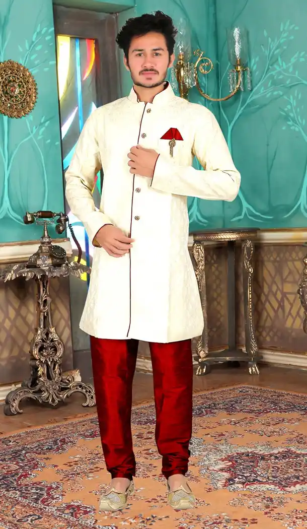 White Color  Silk Indo Westurn Style Mens Kurta Pajama | 346740974
