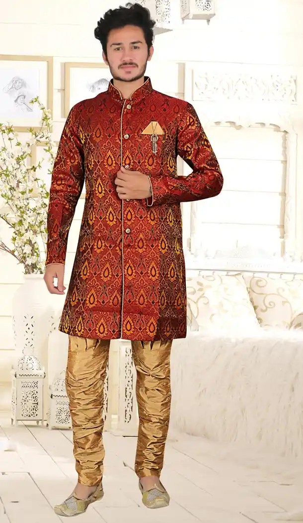 Divine Multi Red Color Silk Indo Westurn Style Mens Kurta Pajama | 346740975