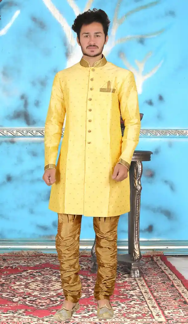 Yellow Color Silk Indo Westurn Style Mens Kurta Pajama | 346740976