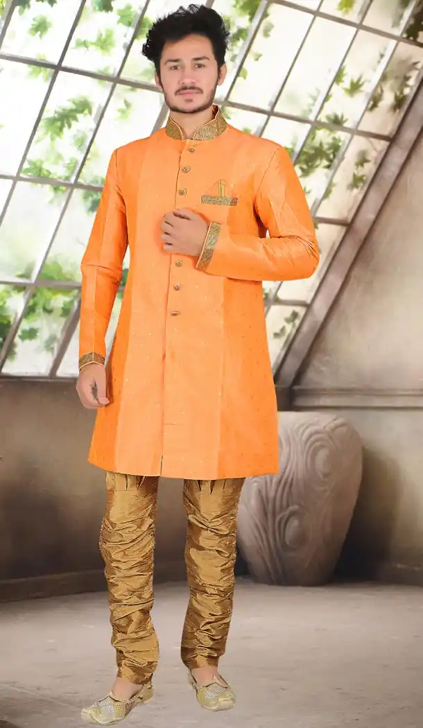 Fancy Orange Color Silk Indo Western Style Mens Kurta Pajama | 346740977