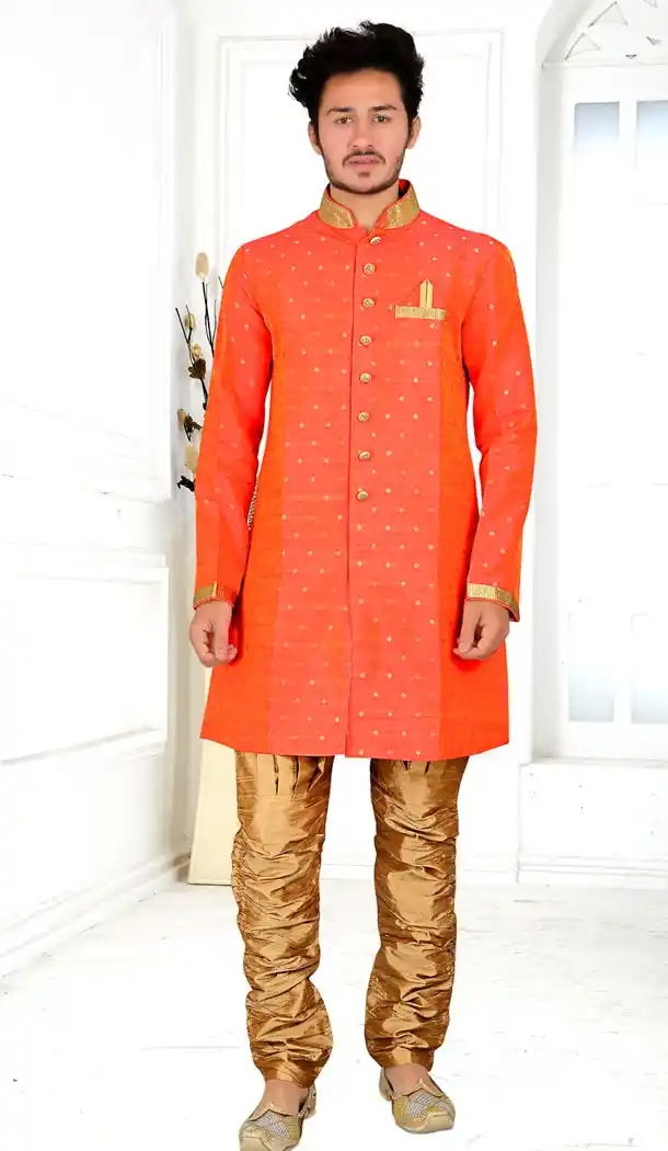 Elegant Orange Color Silk Indo Western Style Mens Kurta Pajama | 346740978